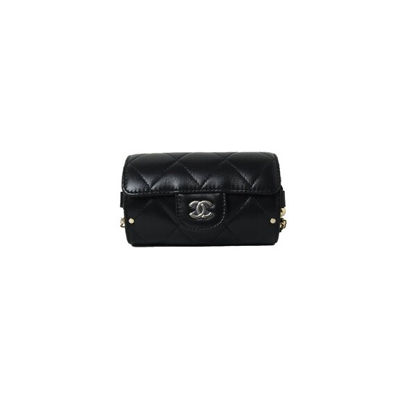 Chanel Lambskin Quilted Box Of Secrets Card Holder With Chain Black